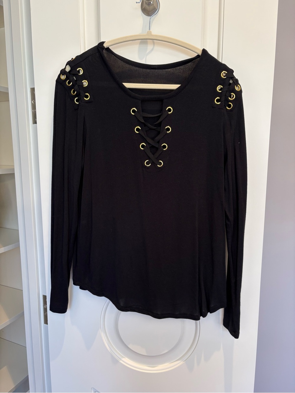 Women's Black Lace-Up Long Sleeve Top with Gold Eyelets